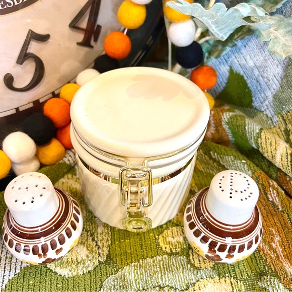 Vintage Stoneware Latched Canister With Set of Two Mid Mod Retro Salt and Pepper - Picture 2 of 8